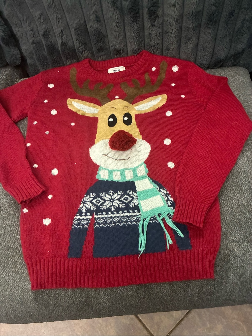 Daisys Boutique Red Reindeer Teddy Sweater Jacket with Navy and Teal Accents